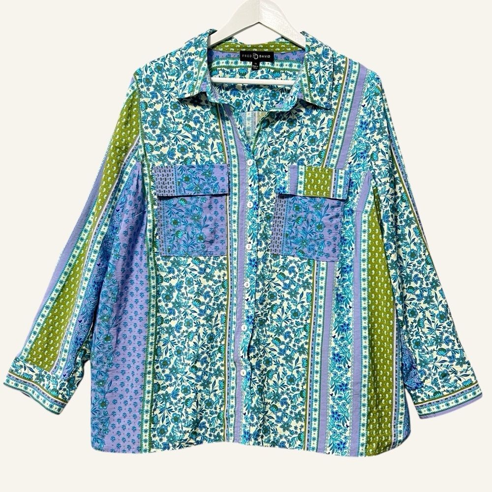 Fred David Paisley Mixed Print Button Up Blouse Size 1X Blue Green Long Sleeve